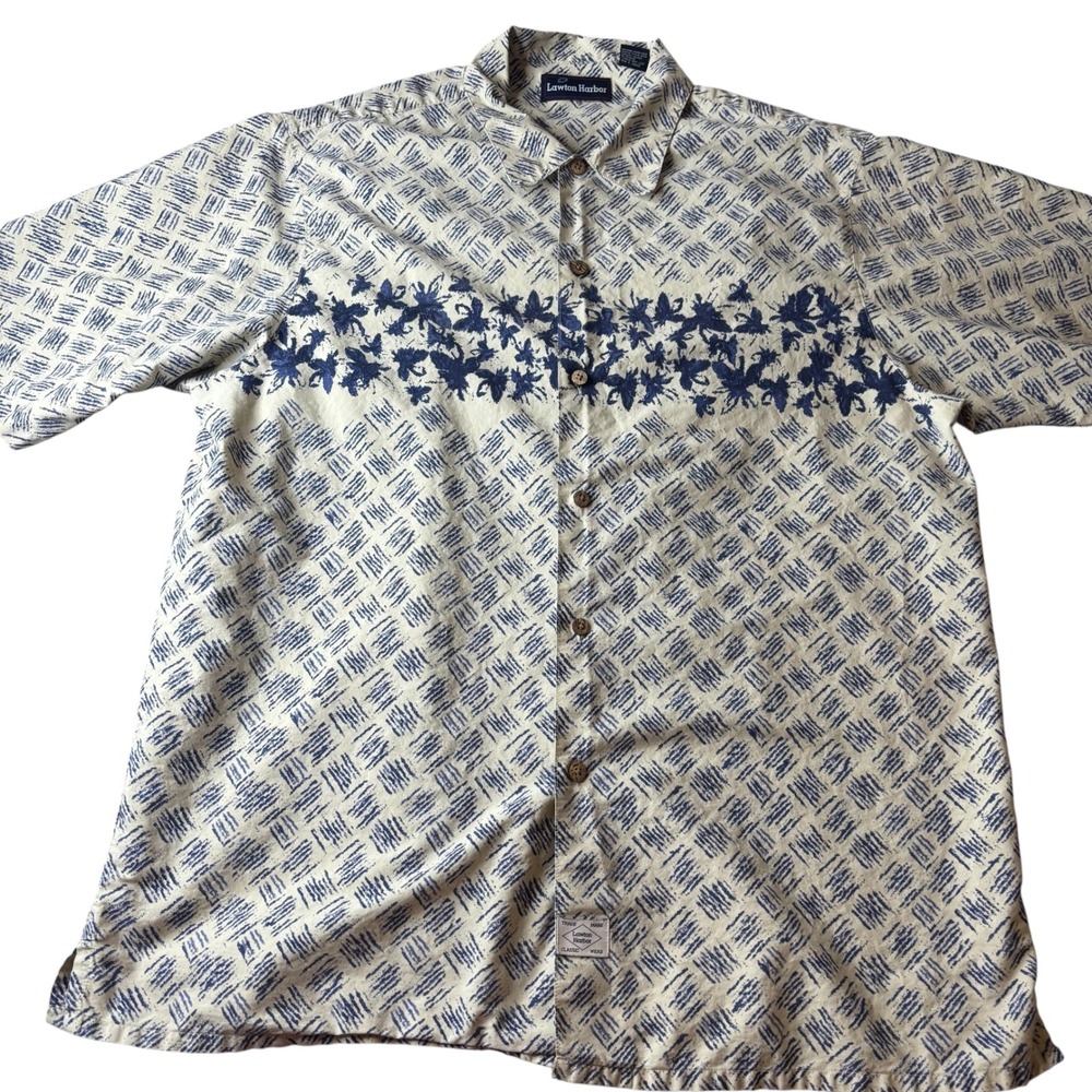 Lawton Harbor Mens Shirt Large Short Sleeve Button Up Beige Blue Floral